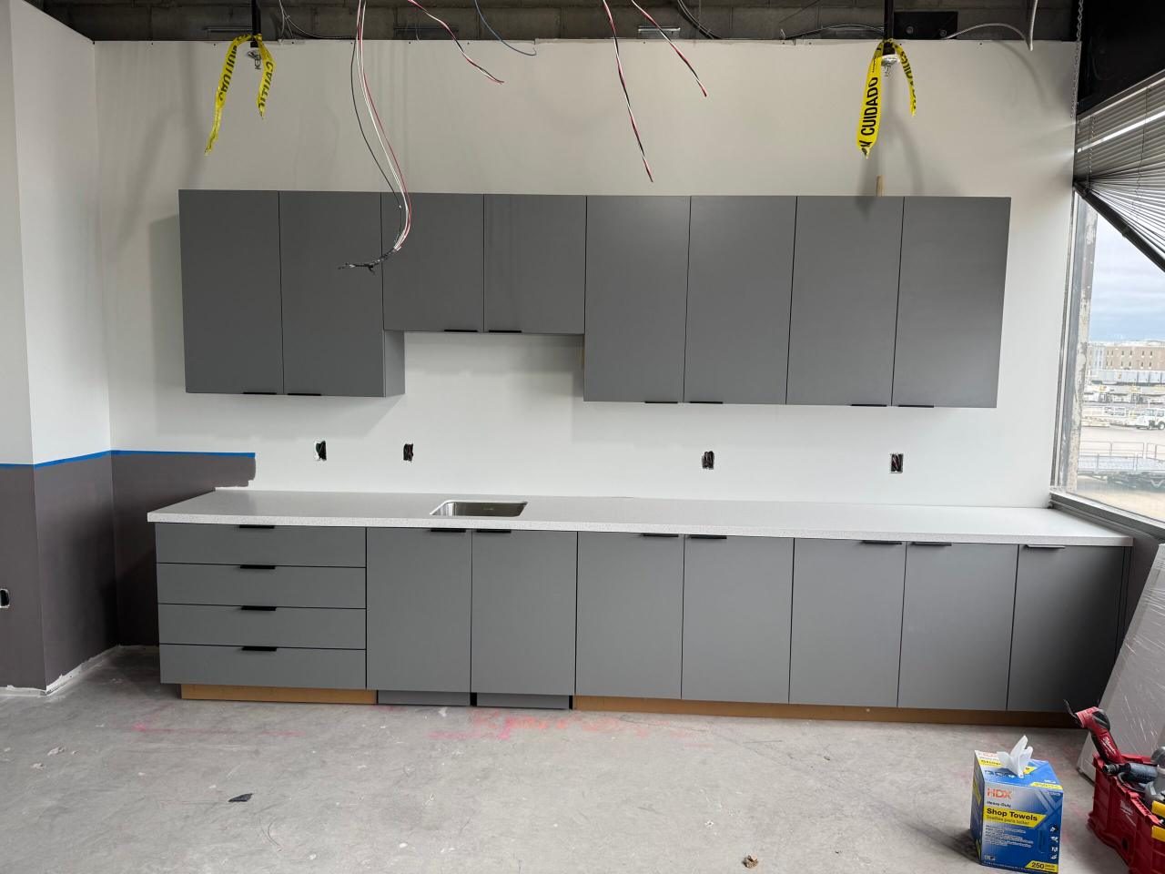 Gray laminate commercial casework run